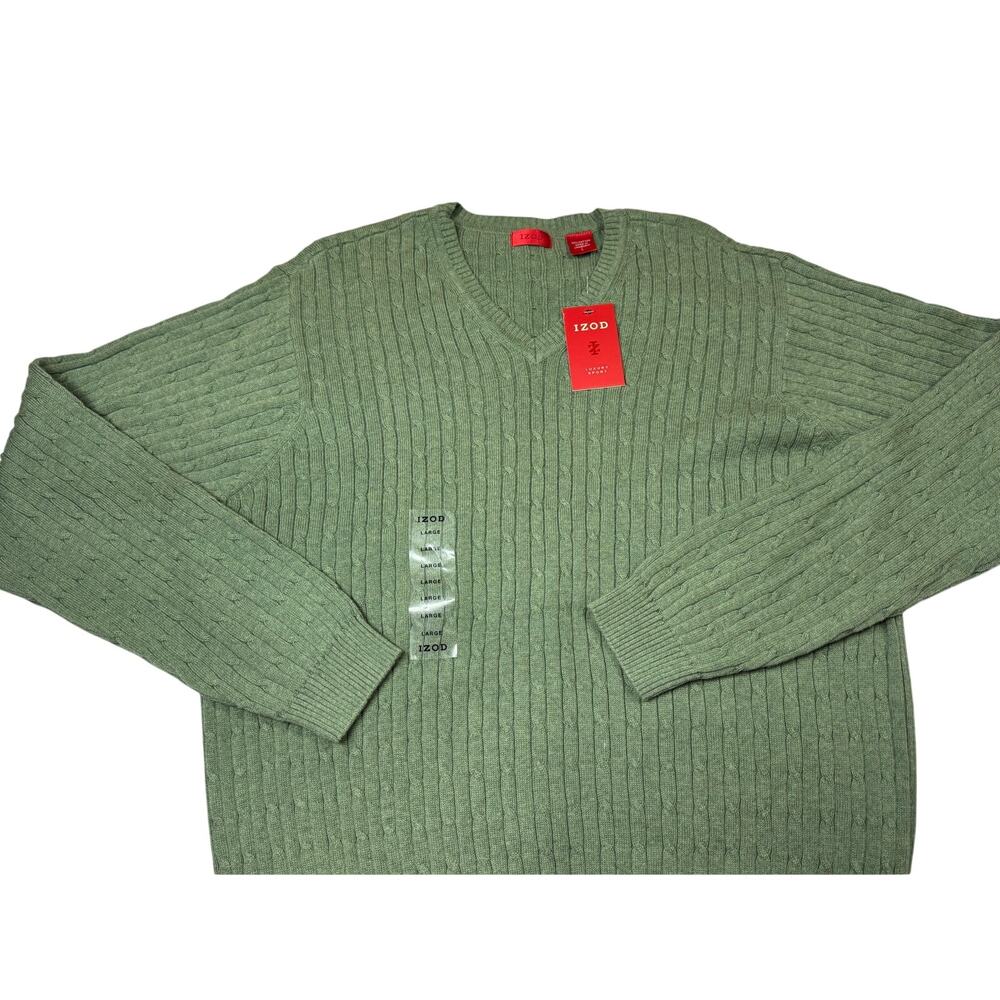 IZOD Green V-Neck cable knit Pullover Sweater Luxury Sport Size Large NWT